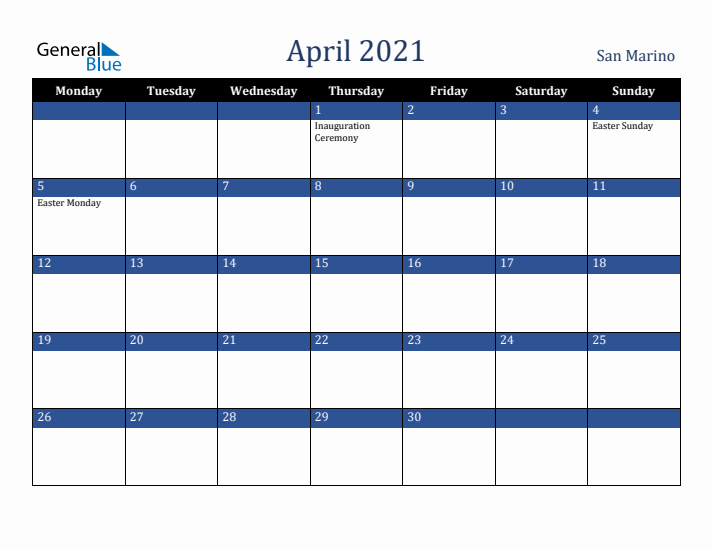 April 2021 San Marino Calendar (Monday Start)
