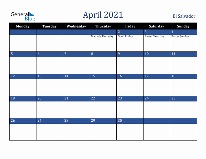 April 2021 El Salvador Calendar (Monday Start)