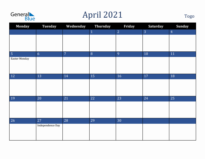 April 2021 Togo Calendar (Monday Start)