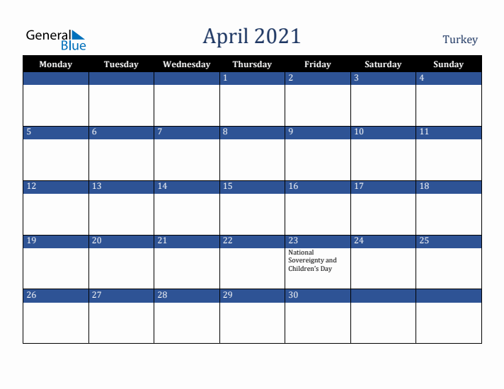 April 2021 Turkey Calendar (Monday Start)