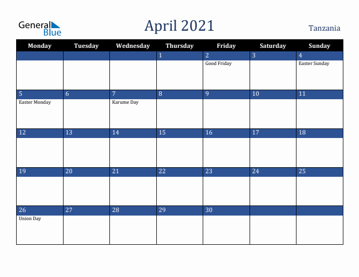 April 2021 Tanzania Calendar (Monday Start)