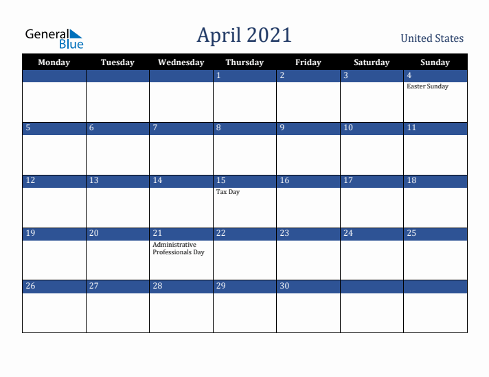 April 2021 United States Calendar (Monday Start)
