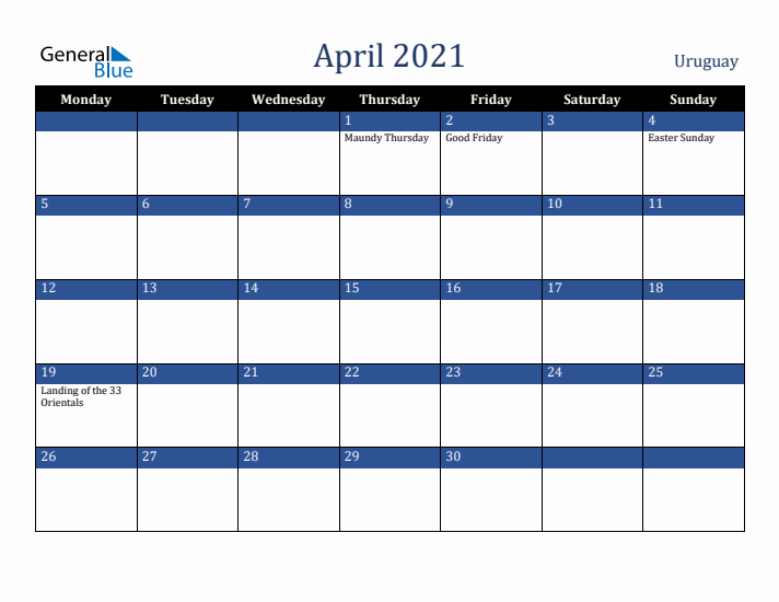 April 2021 Uruguay Calendar (Monday Start)