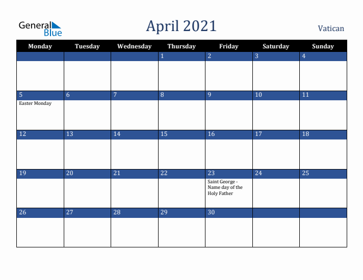 April 2021 Vatican Calendar (Monday Start)