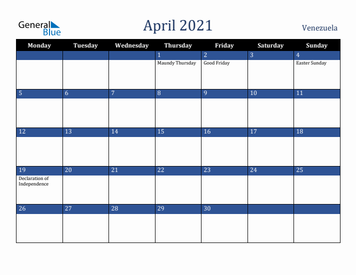 April 2021 Venezuela Calendar (Monday Start)