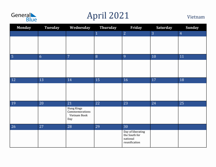 April 2021 Vietnam Calendar (Monday Start)