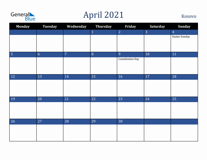April 2021 Kosovo Calendar (Monday Start)