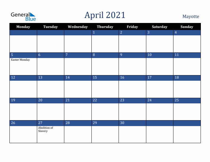 April 2021 Mayotte Calendar (Monday Start)