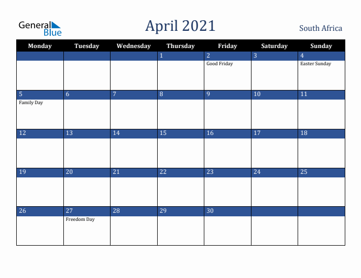 April 2021 South Africa Calendar (Monday Start)