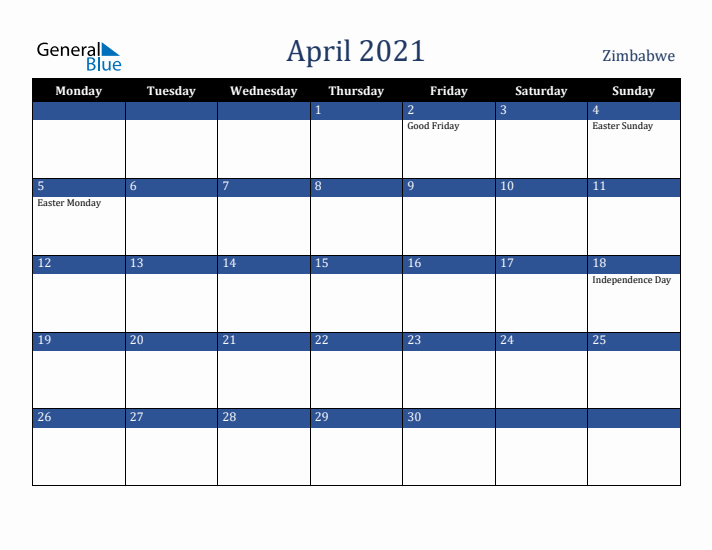 April 2021 Zimbabwe Calendar (Monday Start)