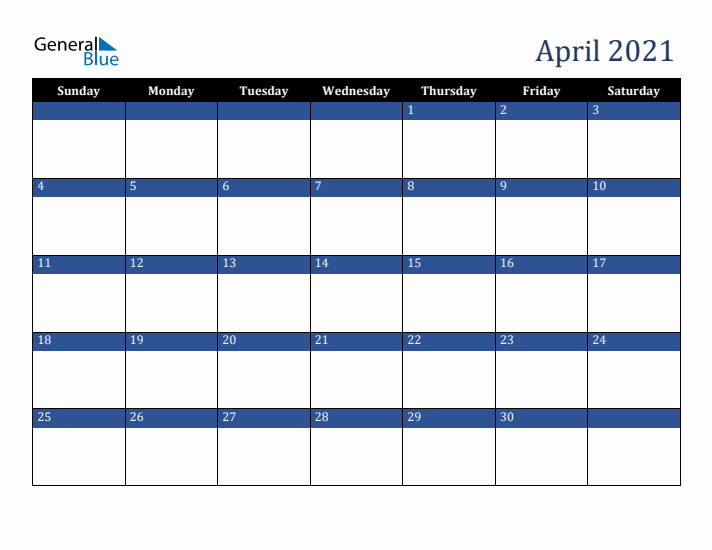 Sunday Start Calendar for April 2021