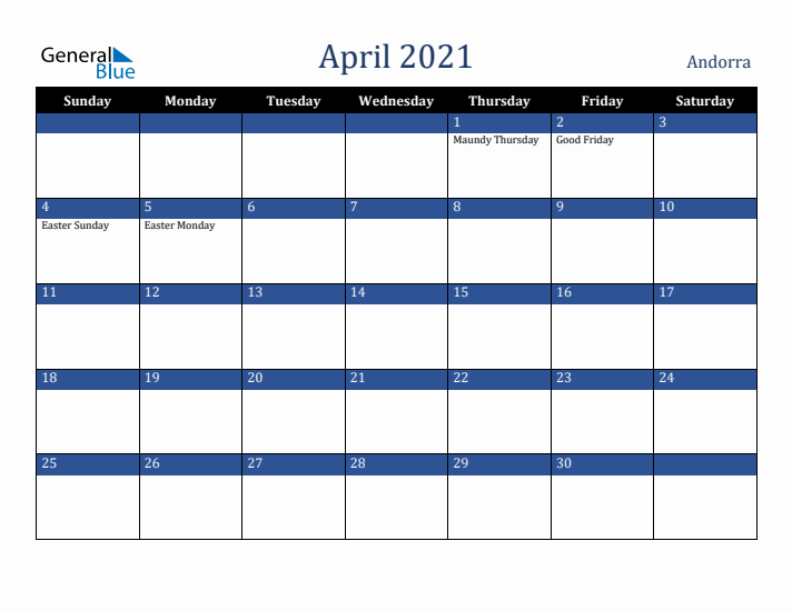 April 2021 Andorra Calendar (Sunday Start)