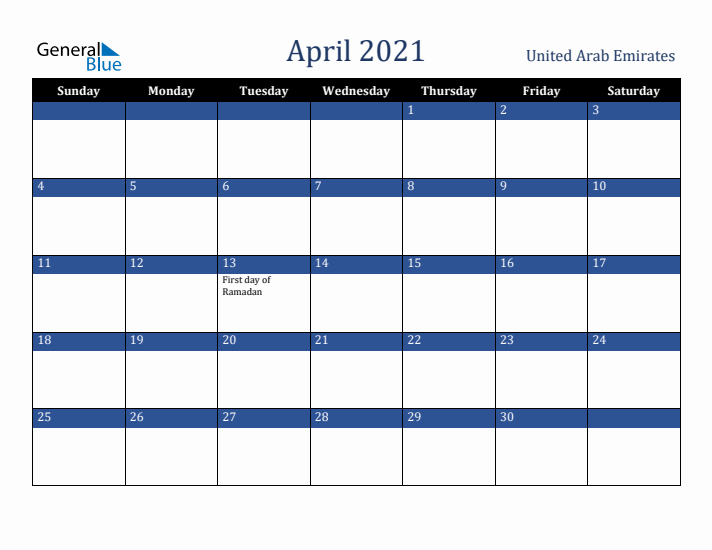 April 2021 United Arab Emirates Calendar (Sunday Start)