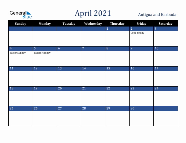 April 2021 Antigua and Barbuda Calendar (Sunday Start)
