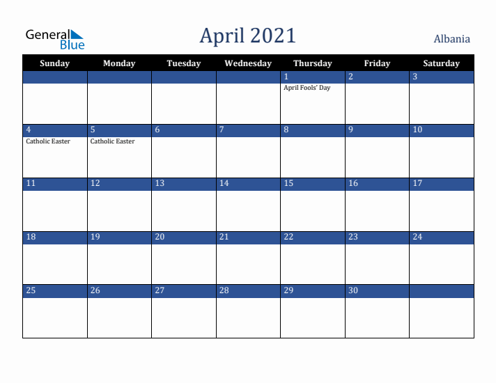 April 2021 Albania Calendar (Sunday Start)