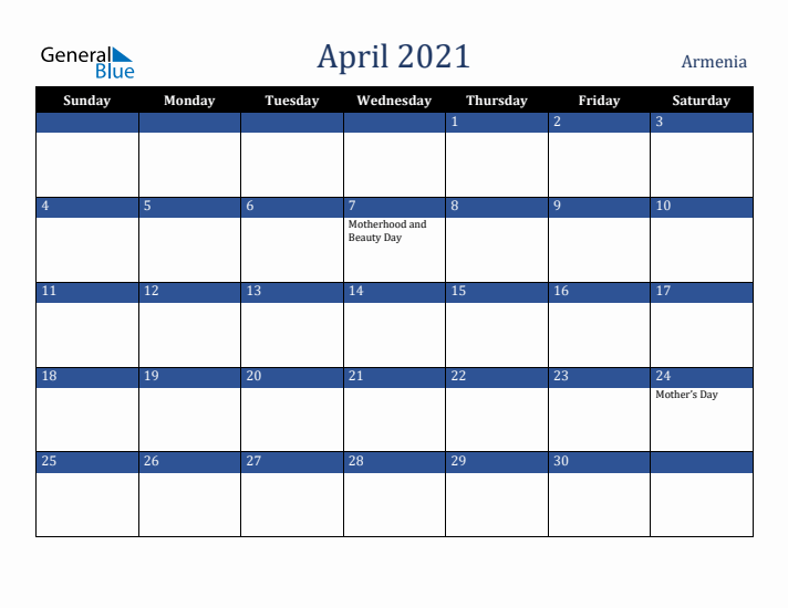 April 2021 Armenia Calendar (Sunday Start)