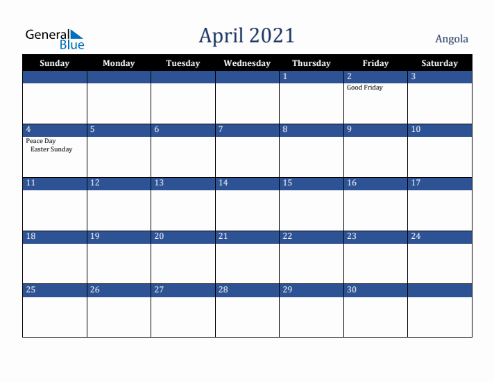April 2021 Angola Calendar (Sunday Start)