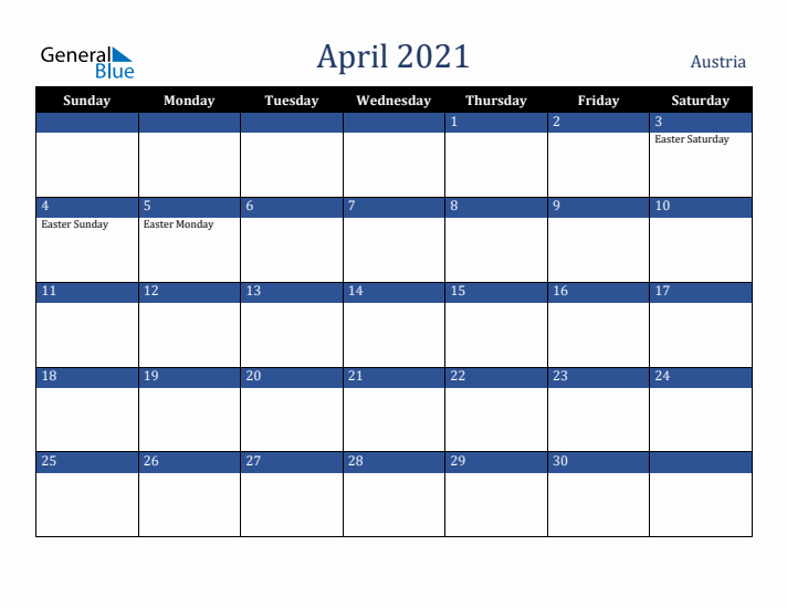 April 2021 Austria Calendar (Sunday Start)