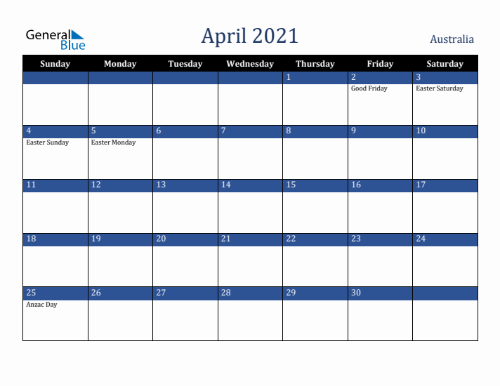 April 2021 Australia Calendar (Sunday Start)