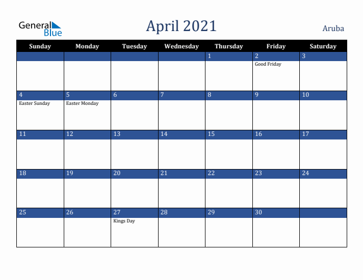April 2021 Aruba Calendar (Sunday Start)