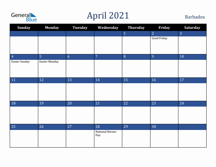April 2021 Barbados Calendar (Sunday Start)