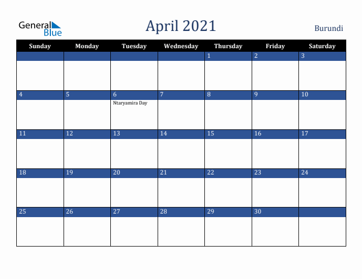 April 2021 Burundi Calendar (Sunday Start)