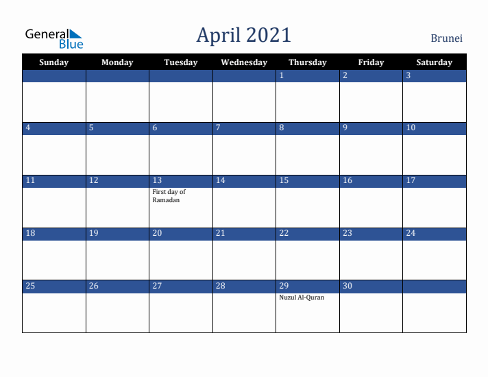 April 2021 Brunei Calendar (Sunday Start)