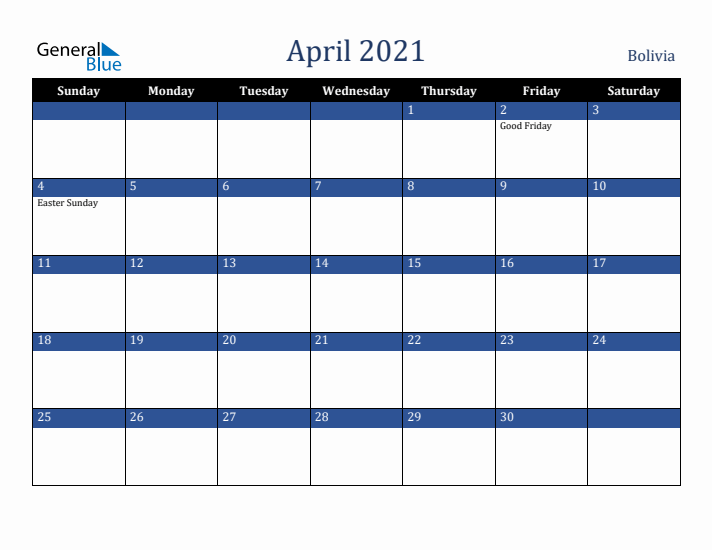 April 2021 Bolivia Calendar (Sunday Start)