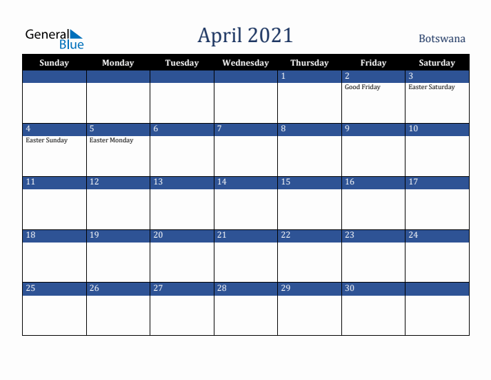 April 2021 Botswana Calendar (Sunday Start)
