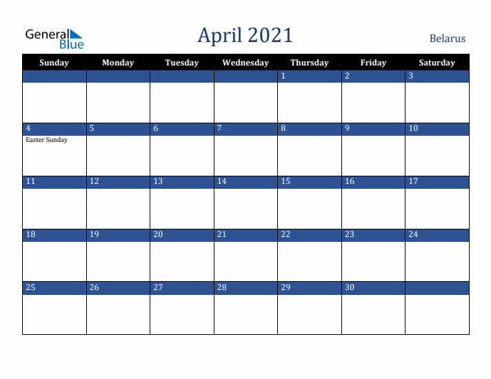 April 2021 Belarus Calendar (Sunday Start)