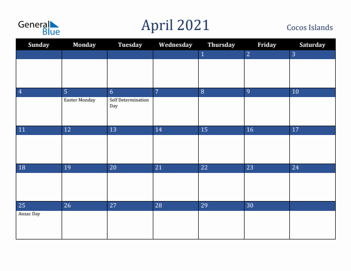 April 2021 Cocos Islands Calendar (Sunday Start)