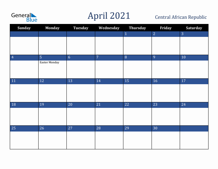 April 2021 Central African Republic Calendar (Sunday Start)