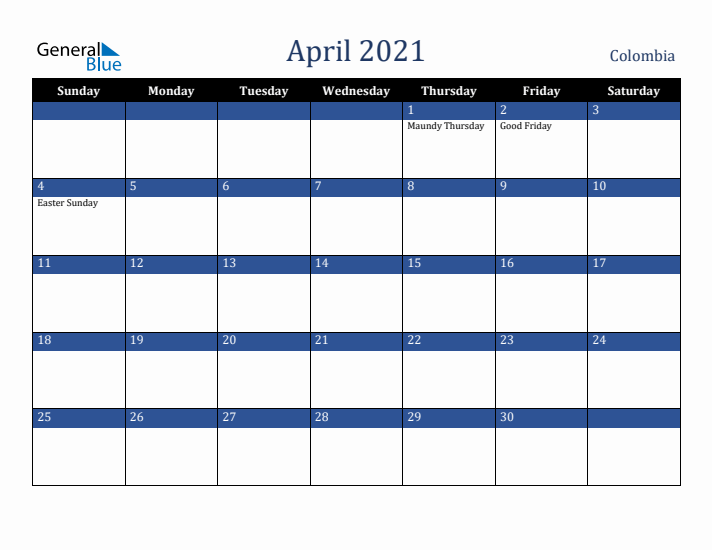 April 2021 Colombia Calendar (Sunday Start)