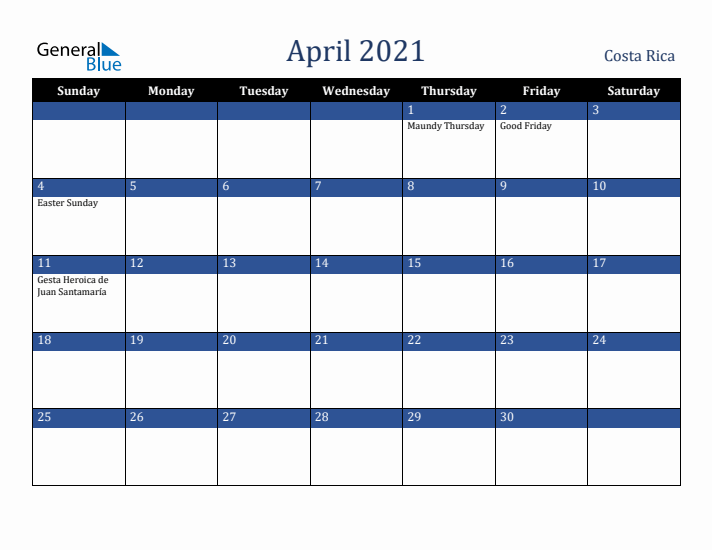 April 2021 Costa Rica Calendar (Sunday Start)