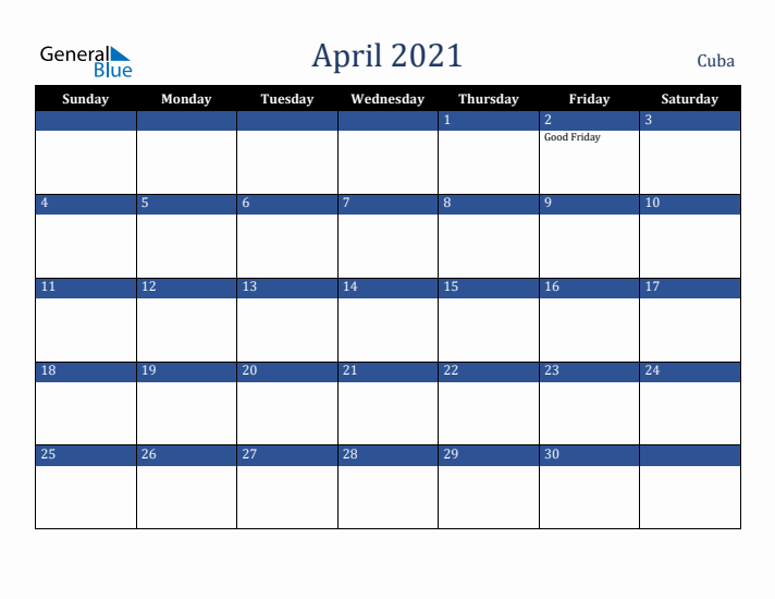 April 2021 Cuba Calendar (Sunday Start)