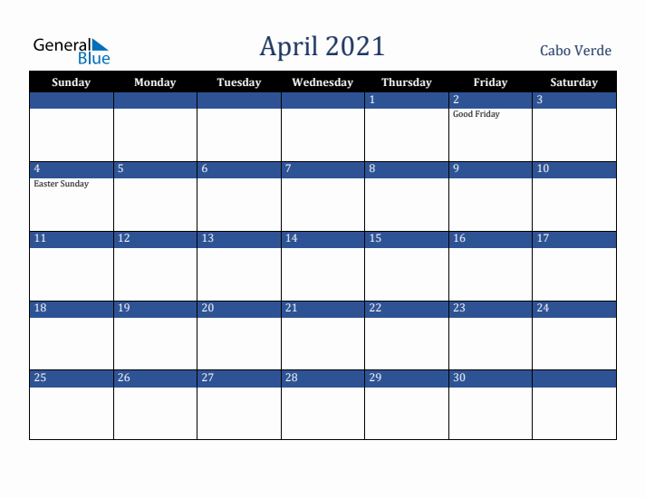 April 2021 Cabo Verde Calendar (Sunday Start)