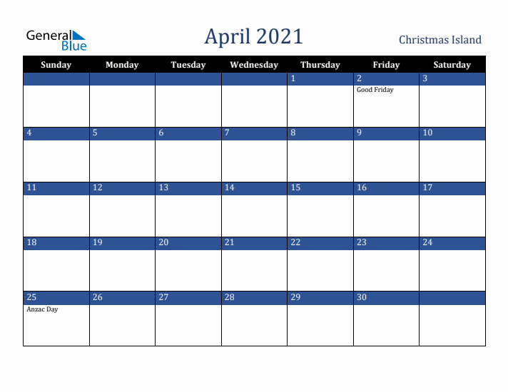April 2021 Christmas Island Calendar (Sunday Start)