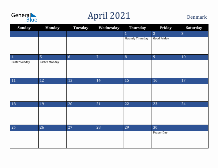 April 2021 Denmark Calendar (Sunday Start)
