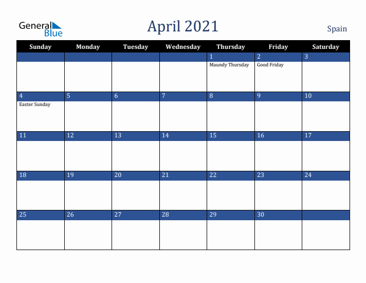 April 2021 Spain Calendar (Sunday Start)