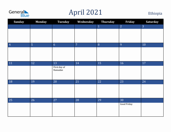 April 2021 Ethiopia Calendar (Sunday Start)