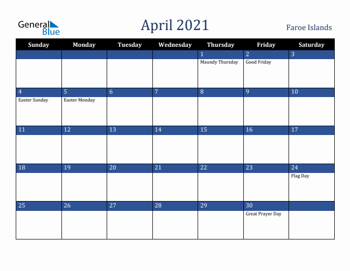 April 2021 Faroe Islands Calendar (Sunday Start)
