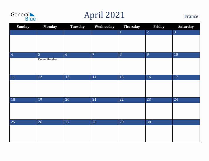 April 2021 France Calendar (Sunday Start)