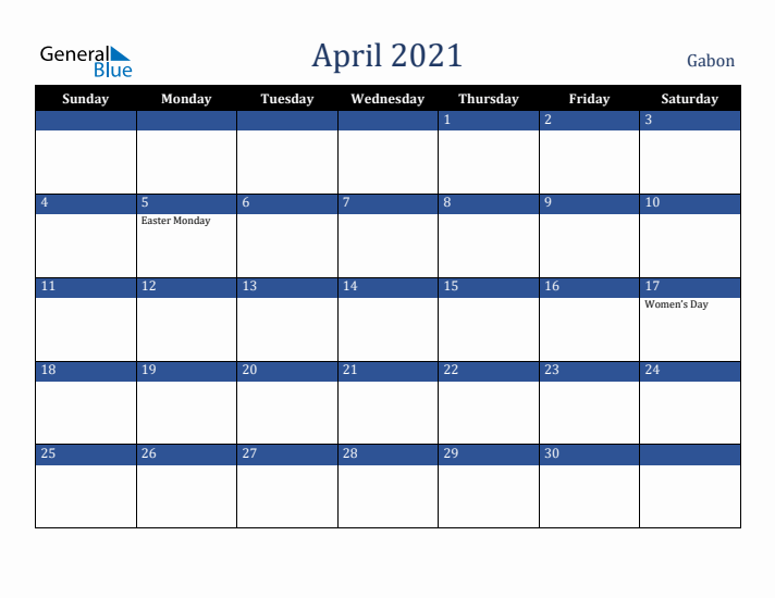 April 2021 Gabon Calendar (Sunday Start)