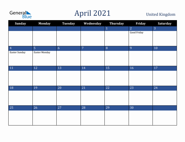 April 2021 United Kingdom Calendar (Sunday Start)