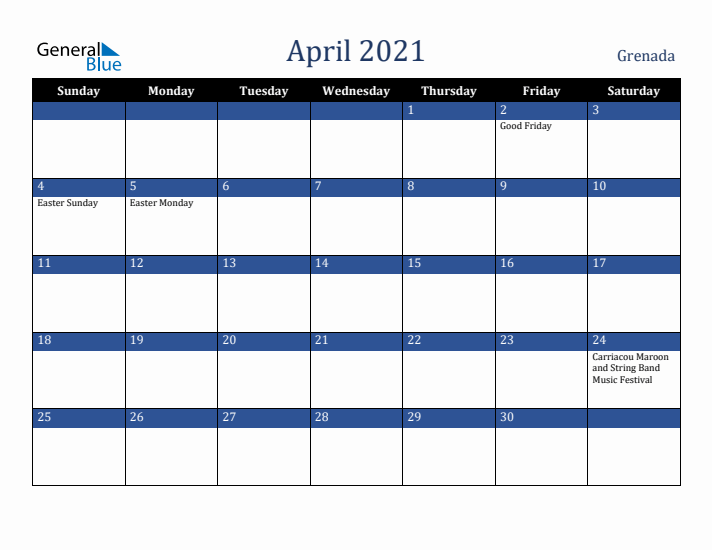 April 2021 Grenada Calendar (Sunday Start)