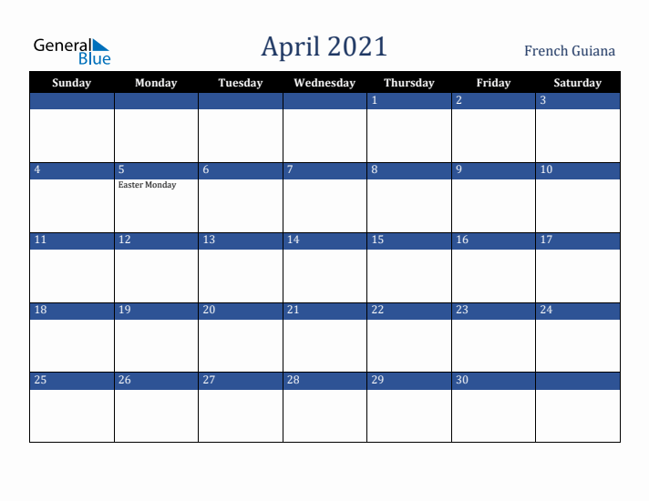 April 2021 French Guiana Calendar (Sunday Start)