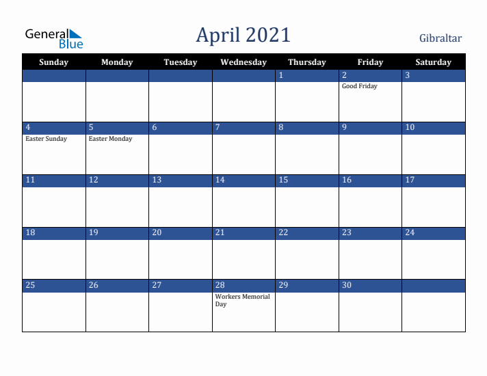 April 2021 Gibraltar Calendar (Sunday Start)