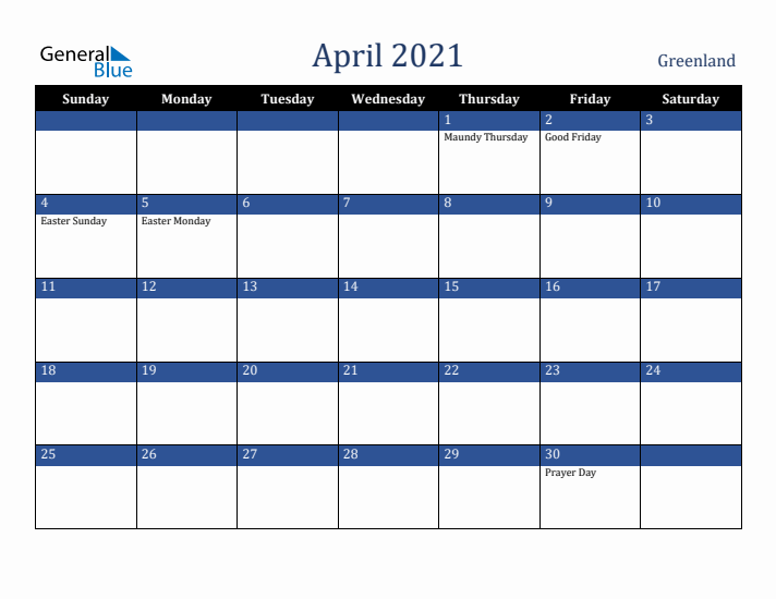 April 2021 Greenland Calendar (Sunday Start)