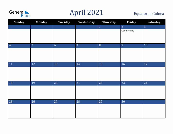 April 2021 Equatorial Guinea Calendar (Sunday Start)