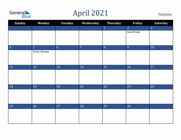 April 2021 Guyana Calendar (Sunday Start)